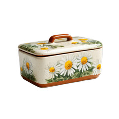 Watercolor style ceramic butter dish with painted daisy design isolated on white background clean mockup ready studio clarity