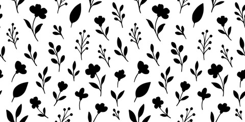 A seamless black and white pattern featuring various flowers, leaves, and branches, creating a minimalist, elegant botanical design. Vector illustration