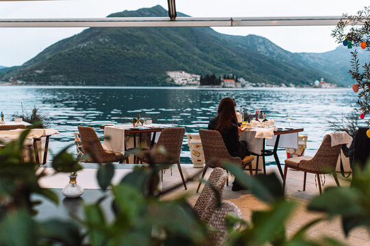 Beautiful view of the sea and islands from a seaside hotel restaurant in Montenegro 