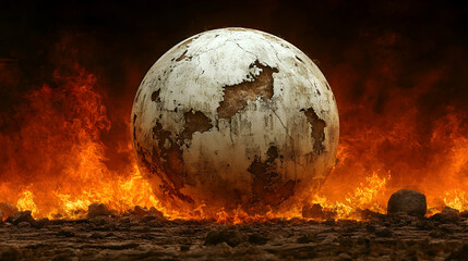 Obraz premium Cracked sphere stands on a rocky surface amidst flames in a dark apocalyptic scene