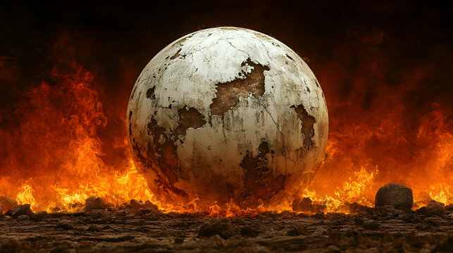 Cracked sphere stands on a rocky surface amidst flames in a dark apocalyptic scene