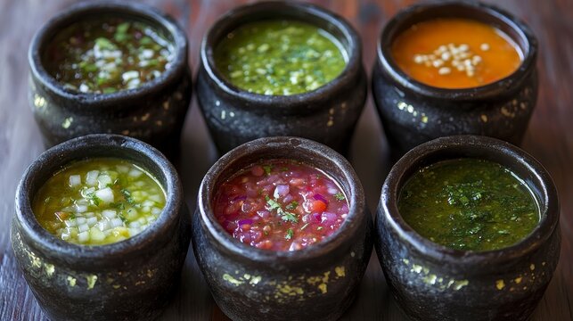 Six small clay pots filled with vibrant, colorful sauces.