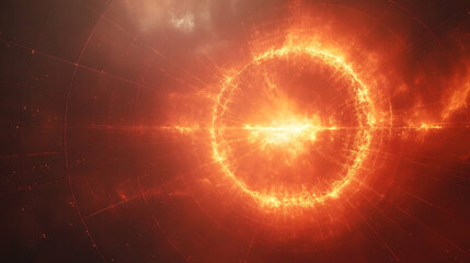 Fiery orb of intense light emitting lines across a reddish cloudy cosmic background