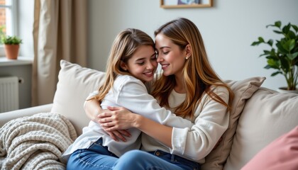 Obraz premium Mother and teenage daughter hugging on sofa emotional bonding lifestyle portrait natural window light simple background