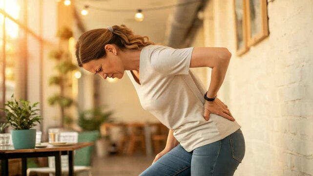 Woman in casual attire sitting indoors at cafe experiences back pain while bending slightly.