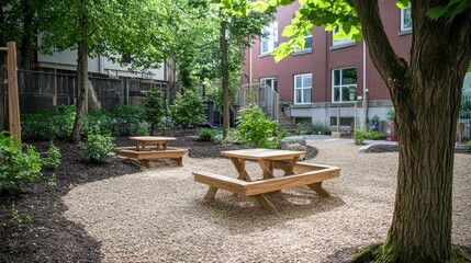 Obraz premium Community space covered with climbing plants and trees offering cool, shaded seating spots