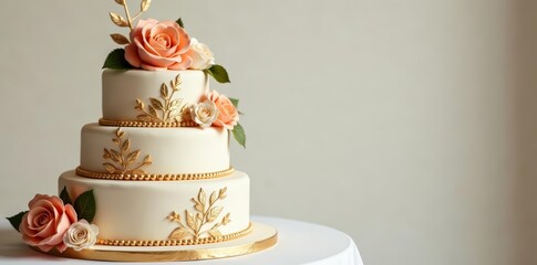 Elegant gold and white tiered cake with floral decorations and gold script, cake, celebration, flowers
