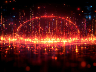 Fototapeta premium Glowing city skyline at night with reflective surfaces and a vibrant futuristic atmosphere