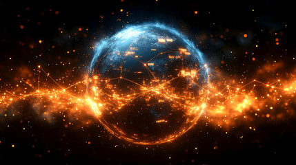 Obraz premium Glowing network orb with blue accents and orange sparks amidst a dark starry background