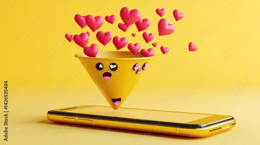 Poster concept art showing likes and reactions pouring from smartphone into digital funnel