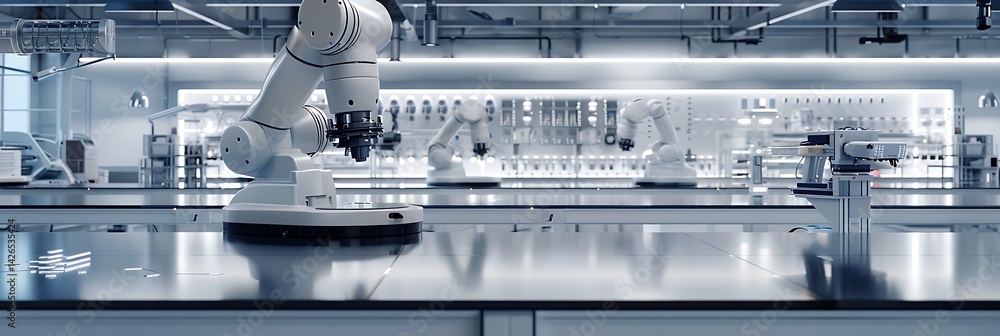 Poster panoramic view of a modern, sterile laboratory featuring multiple advanced robotic arms arranged on 