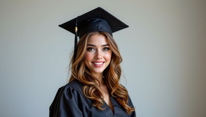 Graduation portrait with young woman against minimalist background professional studio light confident posture