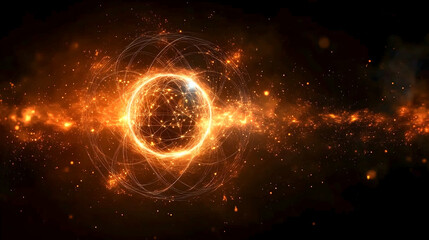 Fototapeta premium Glowing sphere surrounded by networks and bright sparks in black space fiery cosmic background