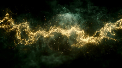 Fototapeta premium Gold energy wave pulses through dark green smoke encircled by a glowing networked sphere of light