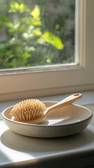 Wooden massage brush with natural bristles resting inside beige ceramic bowl, sunlight filtering across pale surface near verdant window view