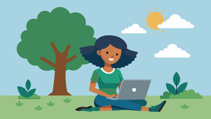 Fototapeta premium A girl sitting under a tree laptop open and a smile on her face as she reads the email informing her of a full ride scholarship to her dream. Vector illustration