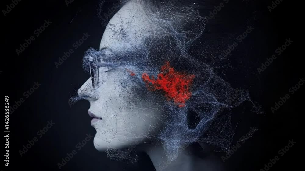 Poster abstract digital art representation of a woman's profile with colorful neural connections and intric