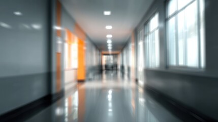 Fototapeta premium A blurred image of a long hospital corridor with bright lighting and an orange accent wall. The sterile, clean atmosphere is evident.
