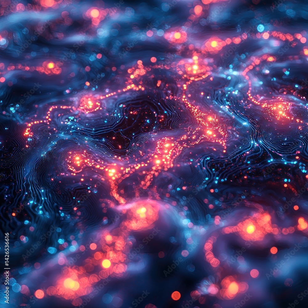 Poster abstract glowing network of light points with topographic lines
