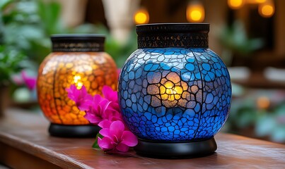 Mosaic Lanterns with Pink Flower