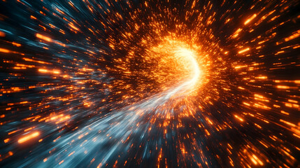 Streaks of light form a vortex of orange and blue into a bright center A sense of fast motion is created