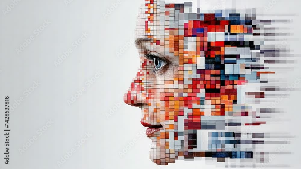 Poster abstract portrait of a digital face with colorful pixelated texture representing technology and huma