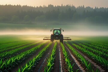 Fototapeta premium Agricultural landscape, tractor spraying crops, misty field, rows of young corn plants, verdant farmland, forest backdrop, industrial farming, pesticide application, wide spray boom, early morning lig