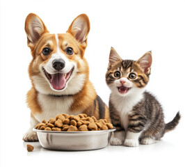 happy dog and cat sit next to bowl of pet food, both looking excited