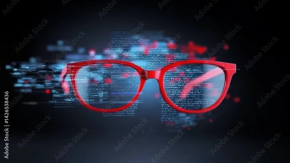 Poster futuristic red glasses with data visualization theme against a dark background