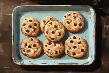 Chocolate chip cookies on tray.