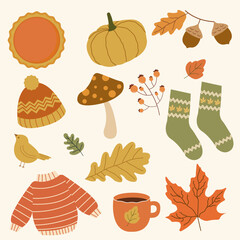 Cozy autumn elements collection. Hand drawn fall leaves, pumpkin, mushroom, sweater, socks, umbrella and Seasonal Items. Cute autumn doodle.