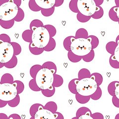 seamless pattern cartoon white cat head inside purple flower. cute animal pattern for wallpaper, background and gift wrap paper