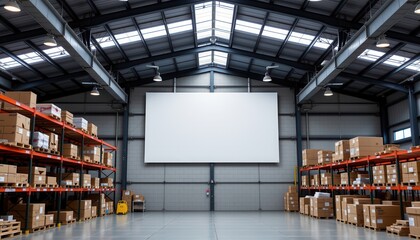 Blank overhead sign above industrial workspace clean structured layout warehouse interior concept