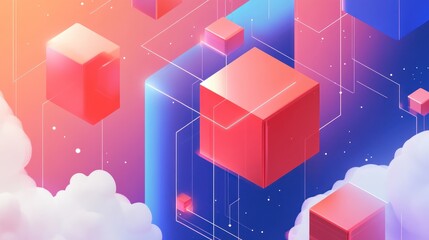 Obraz premium Colorful geometrical cubes float above clouds in an abstract representation