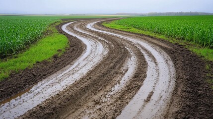 A muddy road curving through farmland with crops growing on either side