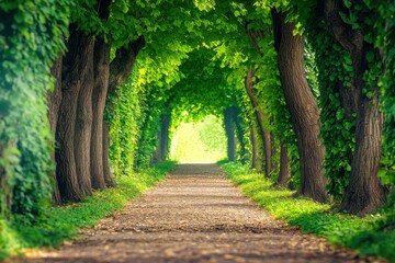 Pathway through trees with green leaves forming a natural tunnel