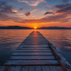 Fototapeta premium empty dock leading to a sunset over a calm lake (summer),