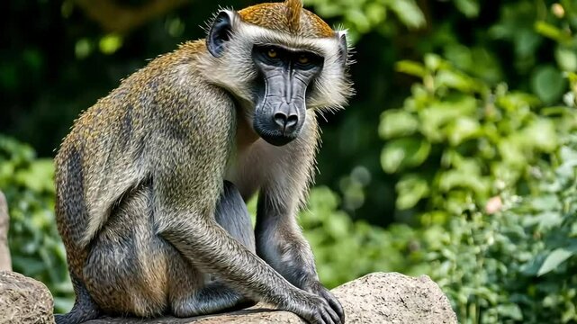 Grivet monkey sitting rock zoo foliage background
