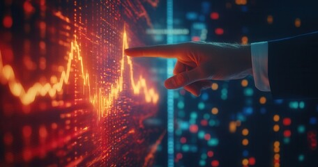 Interactive financial data visualization.  A hand points to a dynamic stock market graph displayed on a large screen, showcasing fluctuating indicators