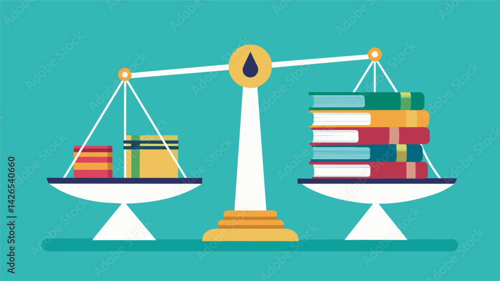 Poster a scale with stacks of money on one side representing retirement savings and a large pile of books l