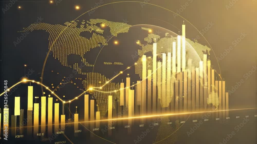 Poster golden world map data visualization showcasing growth trends and financial analytics insights.
