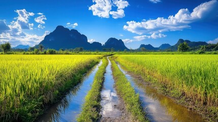 Obraz premium A rural path between rice fields with water reflections and distant mountains