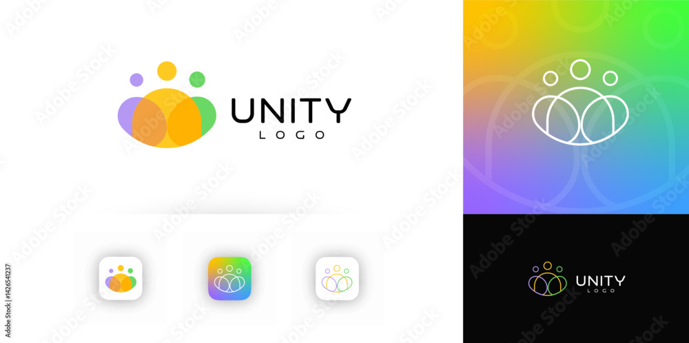Aufkleber Modern Unity Logo Featuring Abstract Human Figures In Overlapping Circle Shapes With Vibrant Colors. Ideal For Community, Teamwork, Or Nonprofit Branding. Vector Illustration.
