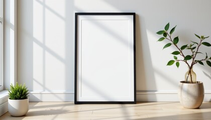 Minimalist blank art print template displayed in a frame against a white wall, emphasizing clean design and artistic potential.