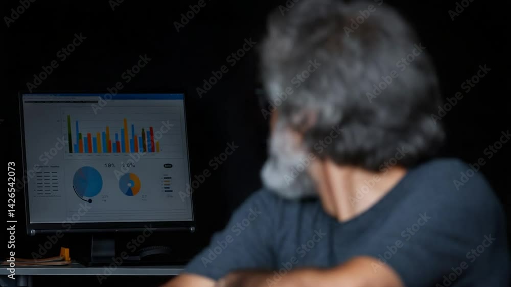 Poster Happy man with gray beard and glasses smiling in front of an artificial background with charts on a screen