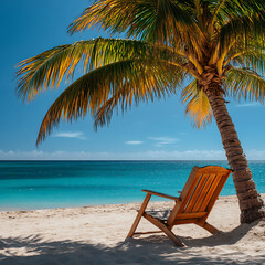 empty wooden beach chair under a palm tree (summer),