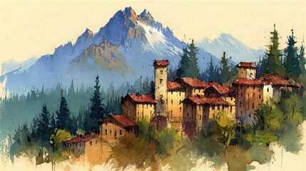 Mountain village in watercolor alpine rooftops pine trees snowy peaks warm sun and misty horizon rustic getaway