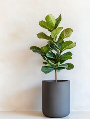 Small potted plant with green leaves. the plant is in a grey ceramic pot and is placed on a white surface. the leaves are oval-shaped and have a glossy texture.
