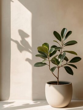 Potted plant with green leaves on a white surface. the plant is in a white ceramic pot and is placed against a beige wall. the leaves are oval-shaped and have a glossy texture.