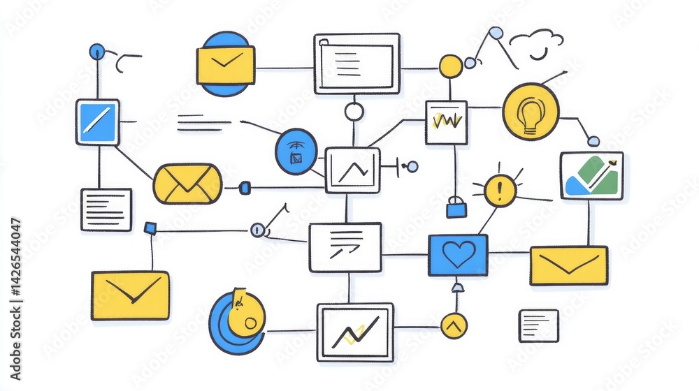 Poster flowchart design showing icons as stages in a digital marketing pipeline